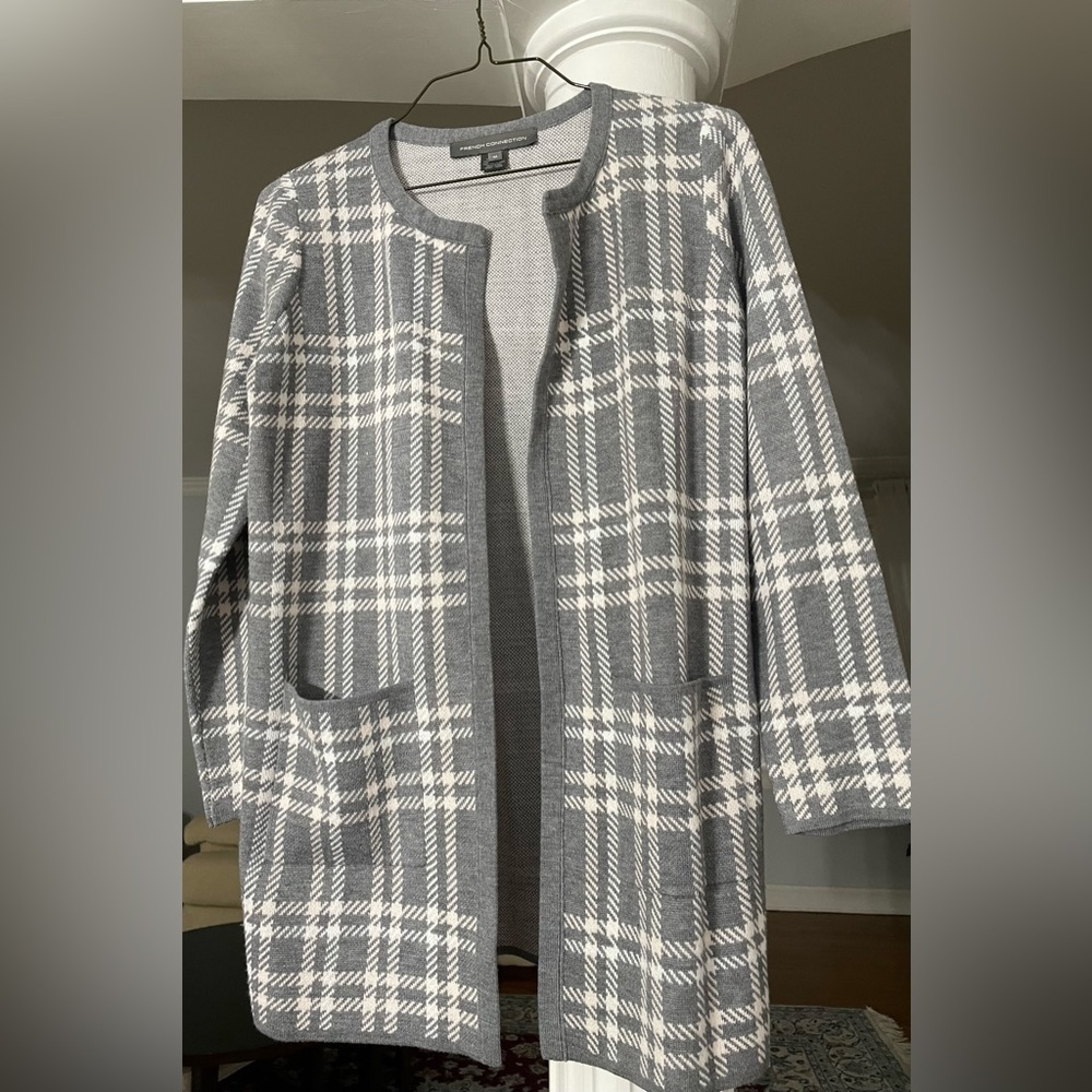 French Connection women’s long knit gray & pink plaid, medium sweater .